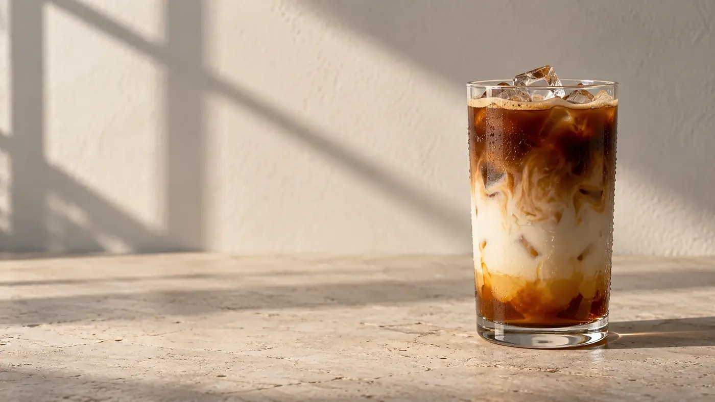 Segelas es kopi susu gula aren di atas meja batu